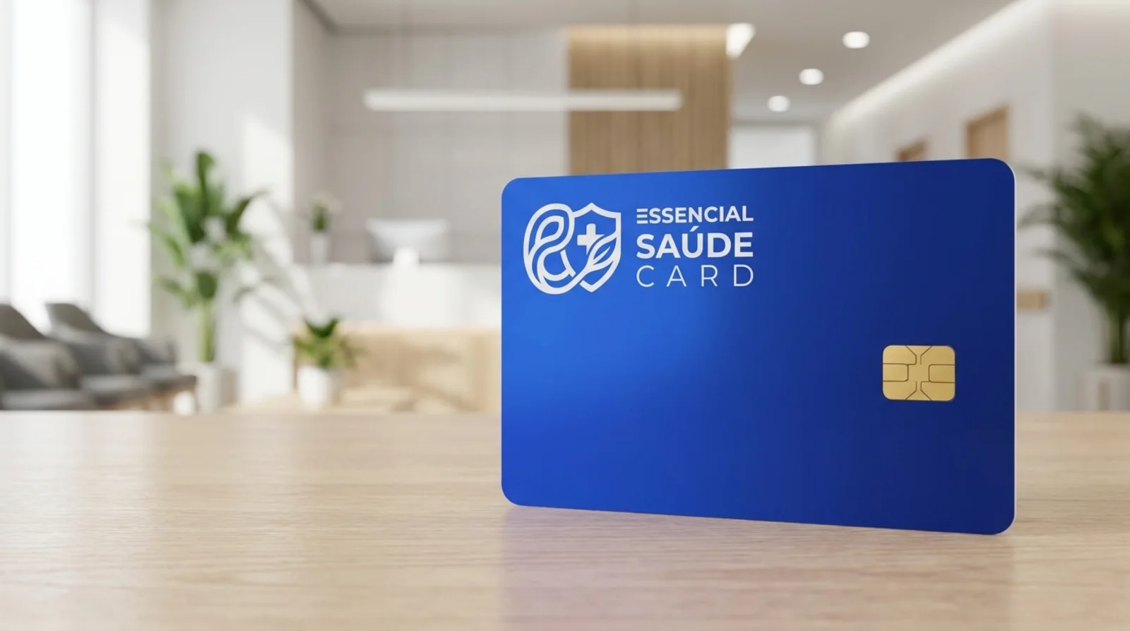 Cartão Essencial Saúde Card sobre a mesa da recepção de uma clínica
